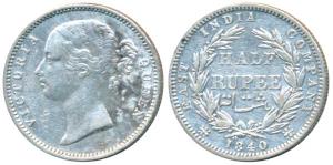Victoria Queen, Silver ½ Rupee, 1840, Divided Legend, Madras Mint, S raised WW incuse, 25 