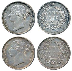 Victoria Queen, Silver Rupee (2), 1840, Divided Legend, Calcutta / Bombay Mint, WW raised,