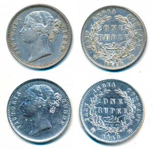 Victoria Queen, Silver Rupee (2), 1840, Divided Legend, Calcutta / Bombay Mint, WW raised,