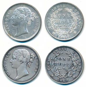 Victoria Queen, Silver Rupee (2), 1840, Divided Legend, Calcutta / Bombay Mint, WW raised,