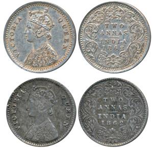 Victoria Queen, Silver 2 Annas, 1862, Calcutta, A / I / No mint mark, & Bombay Mint, A / I