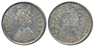 Victoria Queen, Silver 2 Annas, 1862, Calcutta, A / Ia / No mint mark, Unlisted in Pridmor