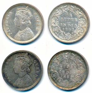 Victoria Queen, Silver ¼ Rupee (2), 1862, Calcutta & Bombay Mint, A / I / No mint mark, (P
