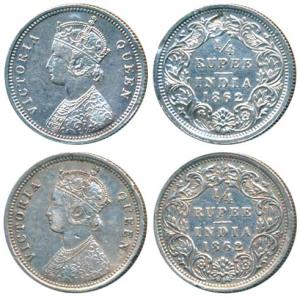 Victoria Queen, Silver ¼ Rupee (2), 1862, Bombay Mint, A / I / No mint mark, (Prid 377). V