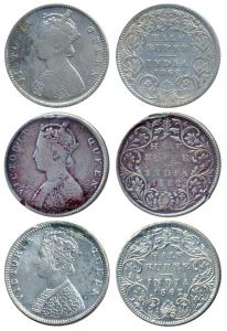 Victoria Queen, Silver ½ Rupee, 1862 (3), Calcutta Mint, A / I; Bombay Mint, B1 / II, Roun