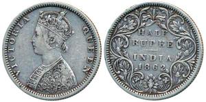 Victoria Queen, Silver ½ Rupee, 1862, Madras Mint, B1 / II, Elongated pearls in the crown,