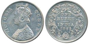 Victoria Queen, Silver Rupee, 1862, Calcutta Mint, B / II, with pineapple cone over O of O