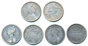 Victoria Queen, Silver Rupee (3), 1862, Calcutta Mint, B / II, with pineapple cone over O 
