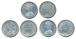 Victoria Queen, Silver Rupee (3), 1862, Bombay Mint, B / II, plain cones, elongated pearls