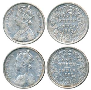 Victoria Queen, Silver Rupee (2), 1862, Bombay Mint, B / II, obv. crude style, scroll like