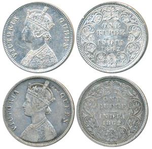 Victoria Queen, Silver Rupee (2), 1862, Calcutta Mint, A / III, without crescent, (Prid 65
