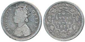 Victoria Queen, Silver 2 Annas, 1874, Bombay Mint, A / I / Dot, (Unlisted in Pridmore, SW 