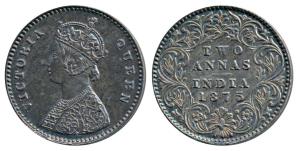 Victoria Queen, Silver 2 Annas, 1875, Calcutta Mint, A / I / No mint mark, (Prid 489). Nic