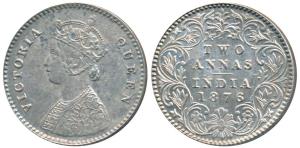 Victoria Queen, Silver 2 Annas, 1876, Calcutta Mint, A / I / No mint mark, (Prid 490). Ver