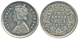 Victoria Empress, Silver 2 Annas, 1877, Bombay Mint, A / I / dot, (Prid 520). About Extrem