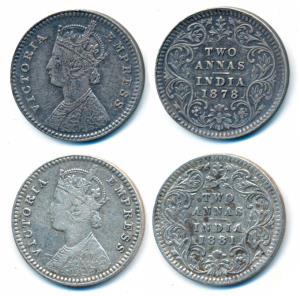 Victoria Empress, Silver 2 Annas, 1878 & 1881, both Calcutta Mint, B / II / No mint mark &