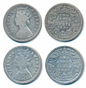 Victoria Empress, Silver 2 Annas, 1881 & 1883, both Bombay Mint, B / II / dot, (Prid 524 &