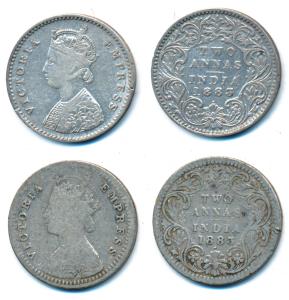 Victoria Empress, Silver 2 Annas, 1883, Bombay Mint, A / I dot & B / II / dot, (Prid 529 &
