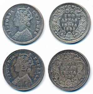 Victoria Empress, Silver 2 Annas, 1885, Calcutta Mint, B / II / C incuse, (Prid 500). Very