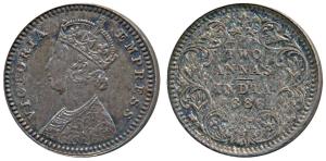 Victoria Empress, Silver 2 Annas, 1886, Calcutta Mint, B / II / C incuse, (Prid 501). Extr
