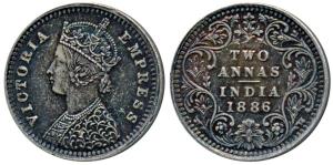 Victoria Empress, Silver 2 Annas, 1886, Bombay Mint, B / II / B incuse, (Prid 539). Extrem