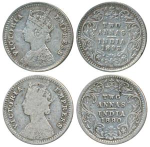 Victoria Empress, Silver 2 Annas, 1890 & 1893, Bombay Mint, B / II / No mm & B / II B incu