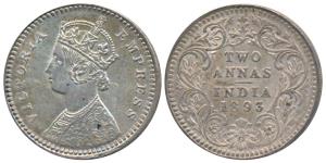 Victoria Empress, Silver 2 Annas, 1893, Calcutta Mint, B / II / C incuse (Prid 508). About