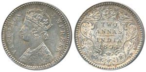 Victoria Empress, Silver 2 Annas, 1894, Calcutta Mint, B / II / C incuse (Prid 509). Extre