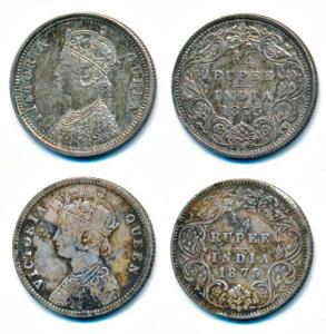 Victoria Queen, Silver ¼ Rupee, 1875, Calcutta Mint, A / I / No mint mark; Bombay Mint, A 