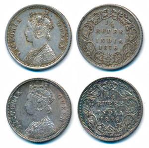 Victoria Queen, Silver ¼ Rupee, 1876 (2), Calcutta Mint, A / I / No mint mark; Bombay Mint
