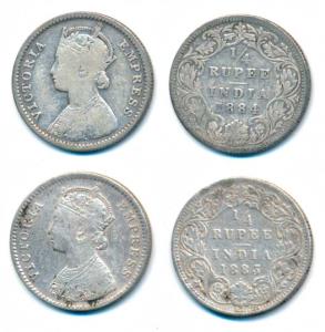 Victoria Empress, Silver ¼ Rupee, 1883, B / I / dot, 1884, B / I / B raised, both Bombay M