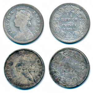 Victoria Empress, Silver ¼ Rupee, 1884 (2), Calcutta Mint, C / II / C incuse; Bombay Mint,