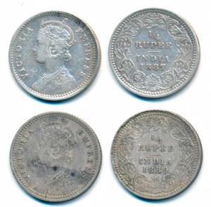 Victoria Empress, Silver ¼ Rupee, 1887 & 1889, both Calcutta Mint, C / II / C incuse; (Pri