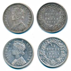 Victoria Empress, Silver ¼ Rupee, 1891 & 1897, both Bombay Mint, C / I / B incuse, (Prid 4