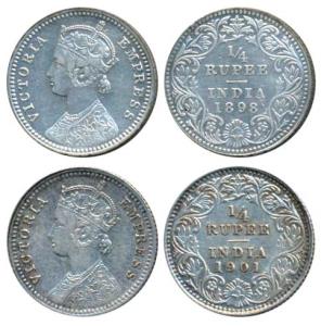 Victoria Empress, Silver ¼ Rupee, 1898 & 1901, both Calcutta Mint, C / II / C incuse (Prid