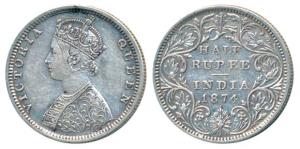 Victoria Queen, Silver ½ Rupee, 1874, Bombay Mint, B2 / II / dot, (Prid 285). Very Fine+, 