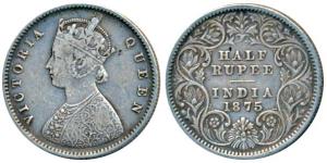 Victoria Queen, Silver ½ Rupee, 1875, Calcutta Mint, A / I / No mint mark, (Prid 260). Ver