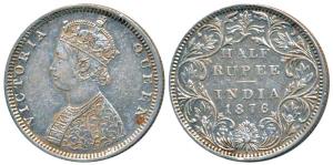 Victoria Queen, Silver ½ Rupee, 1876, Bombay Mint, B2 / II / dot, No Re engraving of hair 