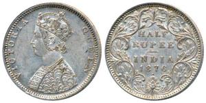 Victoria Queen, Silver ½ Rupee, 1876, Bombay Mint, B2 / II / dot, Re engraving of hair at 