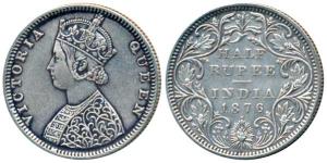 Victoria Queen, Silver ½ Rupee, 1876, Bombay Mint, B2 / II / dot, Re engraving of hair at 