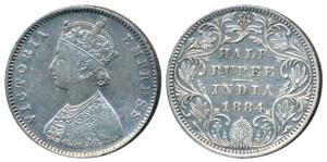Victoria Empress, Silver ½ Rupee, 1884, Bombay Mint, A / II / dot, (Prid 292). Very Fine+.