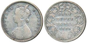 Victoria Empress, Silver ½ Rupee, 1885, Bombay Mint, A / II / B raised, (Prid 292). Fine+,