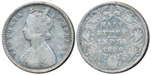 Victoria Empress, Silver ½ Rupee, 1886, Bombay Mint, A / II / B raised, (Prid 295). About 