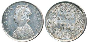 Victoria Empress, Silver ½ Rupee, 1892, Calcutta Mint, A / I / C incuse, (Prid 276). Very 