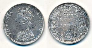 Victoria Queen, Silver Rupee, 1874, Bombay Mint, C1 / II / No mint mark, (Prid 142). Very 