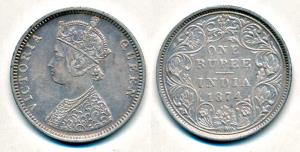 Victoria Queen, Silver Rupee, 1874, Bombay Mint, C1 / II / No mint mark, (Prid 142). Very 