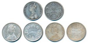 Victoria Queen, Silver Rupee (3), 1875, 1876, 1877, Calcutta Mint, A1 / I / No mint mark, 