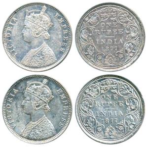 Victoria Empress, Silver Rupee, 1877 (2), Bombay Mint, A2 / II / dot, (Prid 149), A3 / II 