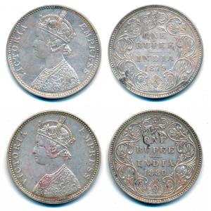 Victoria Empress, Silver Rupee (2), 1879, & 1880 both Bombay Mint, A3 / II variant / dot, 
