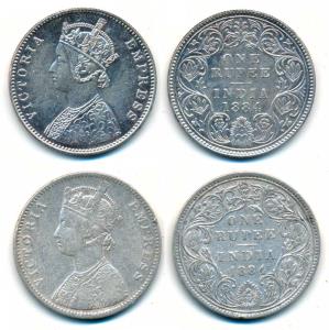 Victoria Empress, Silver Rupee, 1884 (3), Calcutta Mint, A1 / I / C incuse; Bombay Mint, A